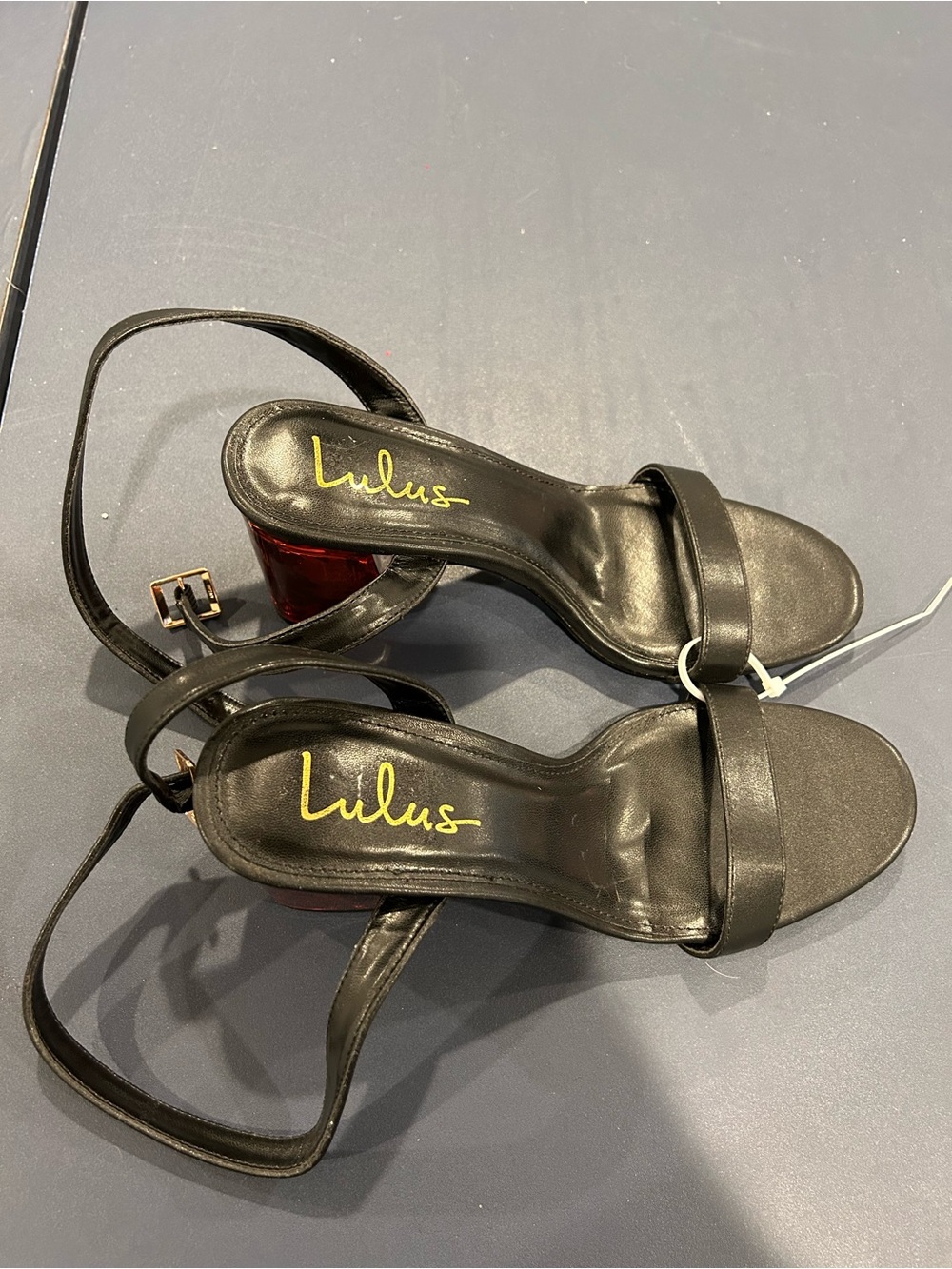 Lulu's Black Ankle-Strap Block Heel Sandals with Red Accent Heel
